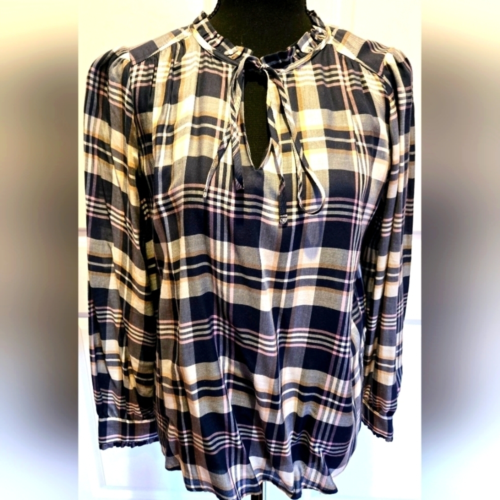 LOFT Plaid Blouse Front Tie Ruffled Collar Blue White sz small